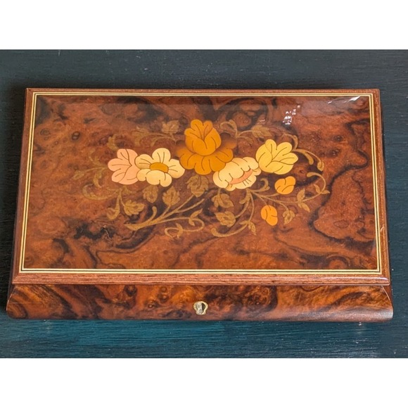 Reuge Other - VTG Reuge Italian Floral Inlaid Elmwood Working Music Box Brass Feet